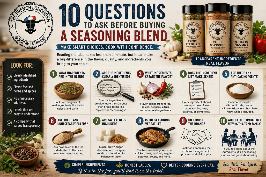 Seasoning buying guide infographic showing how to evaluate ingredient labels, flavor ingredients, additives, fillers, versatility, and transparency when selecting seasoning blends.