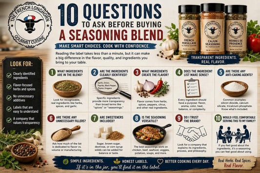 Seasoning buying guide infographic showing how to evaluate ingredient labels, flavor ingredients, additives, fillers, versatility, and transparency when selecting seasoning blends.