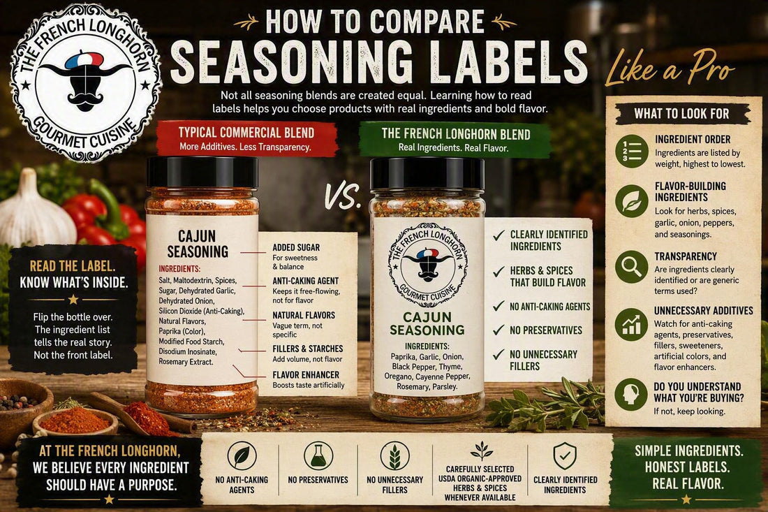 Educational infographic comparing two seasoning labels, highlighting ingredient order, flavor-building ingredients, anti-caking agents, fillers, preservatives, sweeteners, and transparent labeling using The French Longhorn seasoning blend as an example.