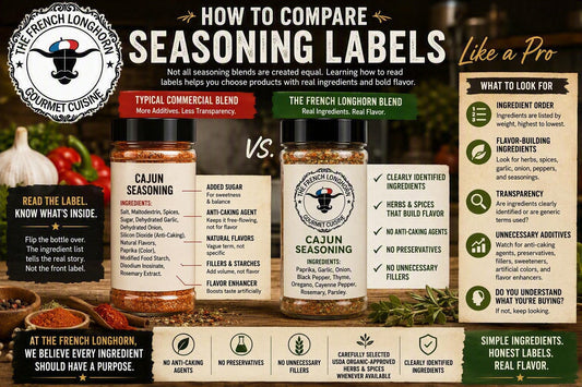 Educational infographic comparing two seasoning labels, highlighting ingredient order, flavor-building ingredients, anti-caking agents, fillers, preservatives, sweeteners, and transparent labeling using The French Longhorn seasoning blend as an example.