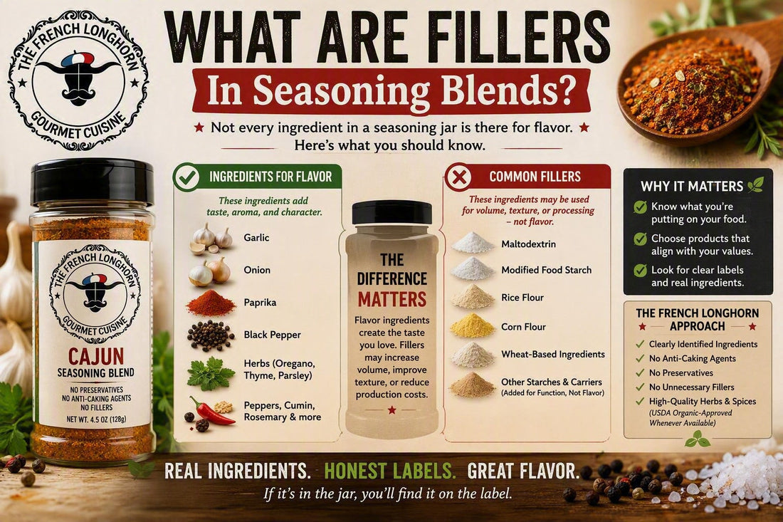 Educational infographic comparing flavor ingredients and filler ingredients in seasoning blends, showing herbs and spices alongside common fillers such as maltodextrin, modified food starch, rice flour, and corn flour.
