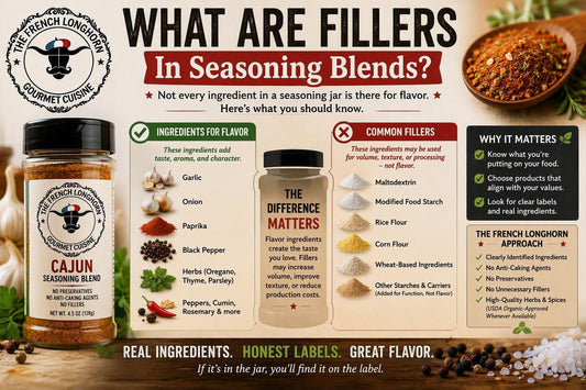 Educational infographic comparing flavor ingredients and filler ingredients in seasoning blends, showing herbs and spices alongside common fillers such as maltodextrin, modified food starch, rice flour, and corn flour.