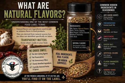 Educational infographic explaining natural flavors on food labels, showing a seasoning ingredient label alongside examples of hidden ingredients and ingredient transparency concepts.