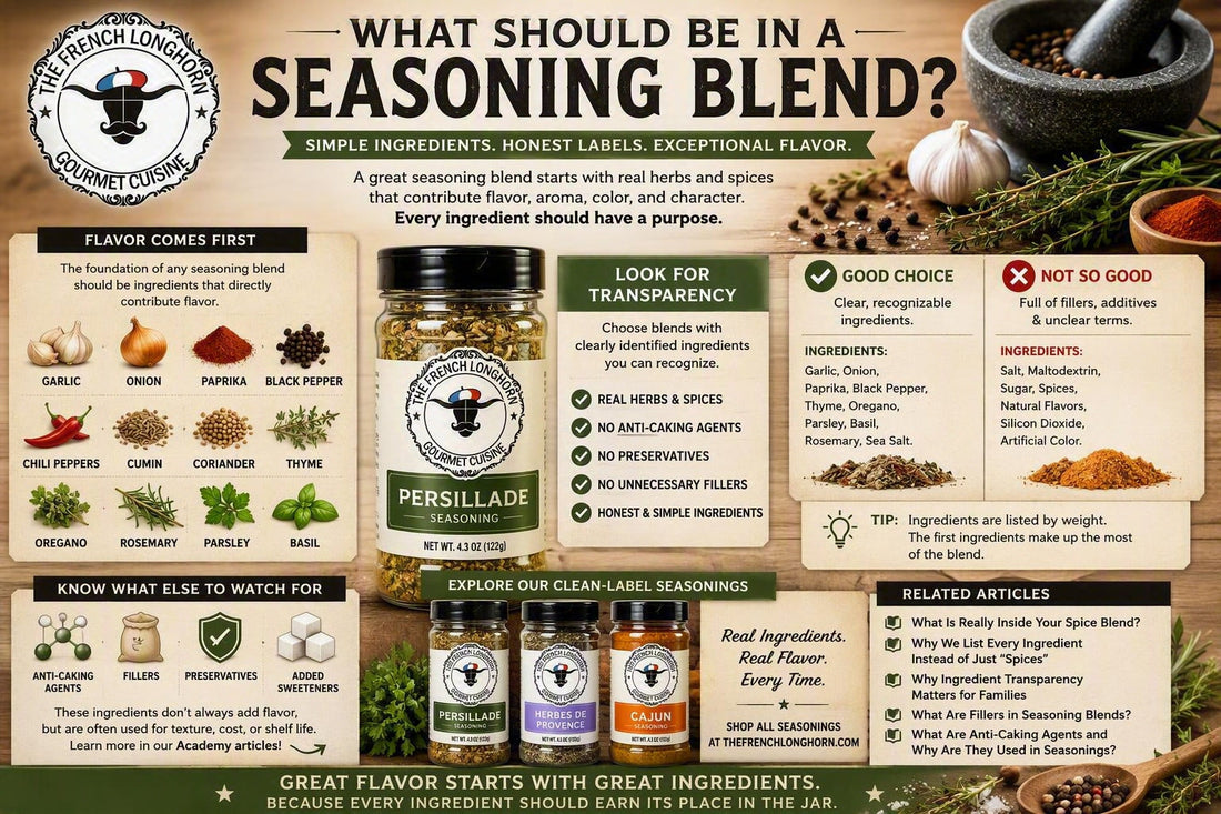 Educational infographic explaining what should be in a seasoning blend, featuring garlic, onion, paprika, black pepper, herbs, transparent ingredient labels, and French Longhorn seasoning products made with clearly identified ingredients.