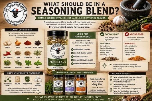 Educational infographic explaining what should be in a seasoning blend, featuring garlic, onion, paprika, black pepper, herbs, transparent ingredient labels, and French Longhorn seasoning products made with clearly identified ingredients.