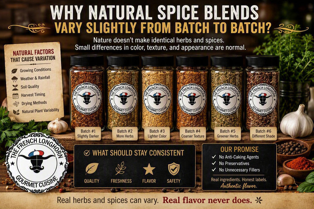 Six seasoning jars displaying natural variations in color, texture, and herb visibility between batches, illustrating how real herbs and spices can differ while maintaining consistent quality and flavor.