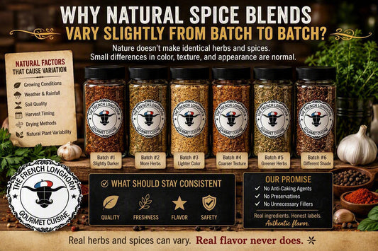 Six seasoning jars displaying natural variations in color, texture, and herb visibility between batches, illustrating how real herbs and spices can differ while maintaining consistent quality and flavor.