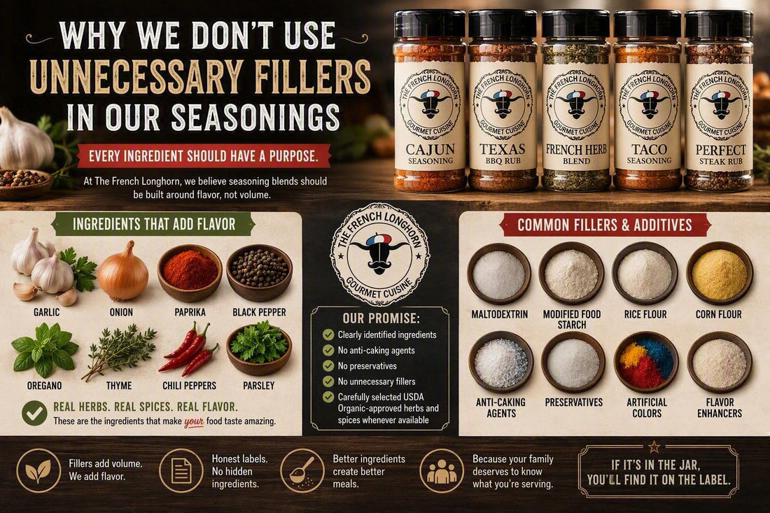 Educational infographic comparing flavor ingredients such as garlic, onion, paprika, herbs, and peppers with common filler ingredients, explaining The French Longhorn's flavor-first approach to seasoning blends.