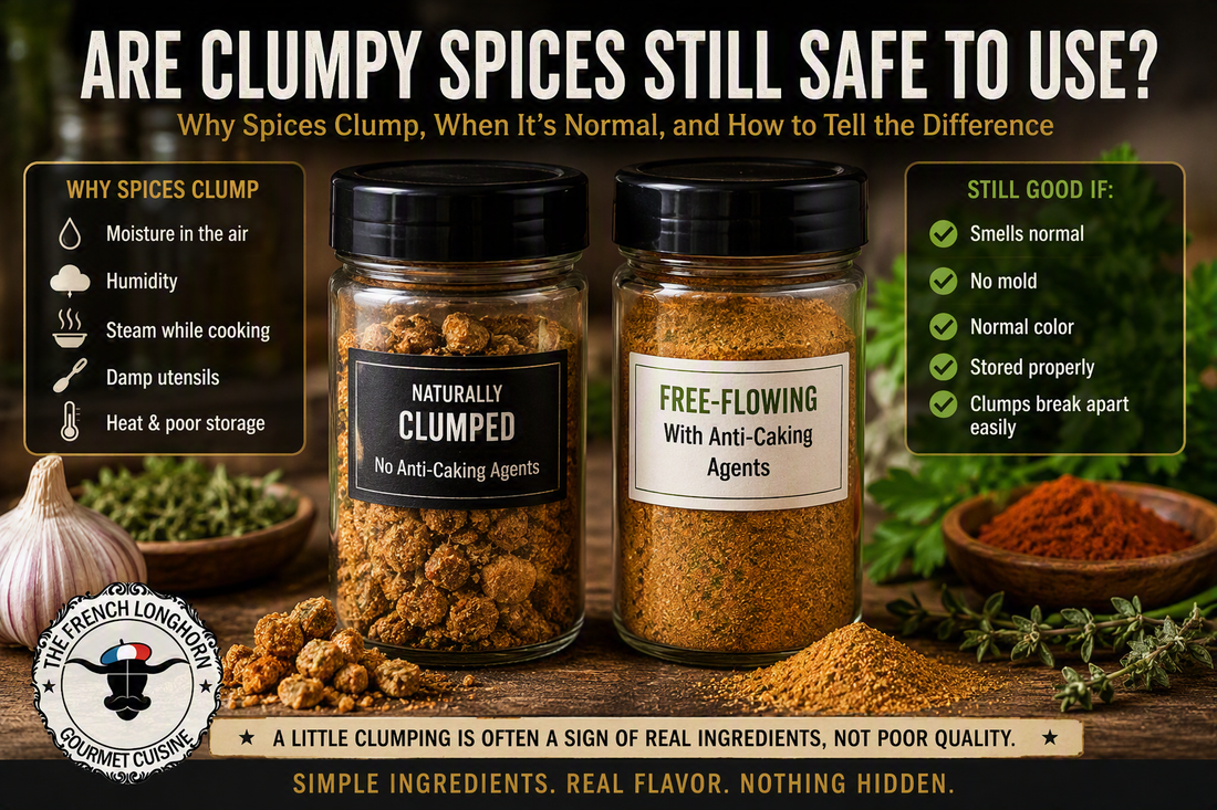 Comparison of naturally clumped seasoning without anti-caking agents and free-flowing seasoning blend, illustrating when clumping is normal and spices remain safe to use.