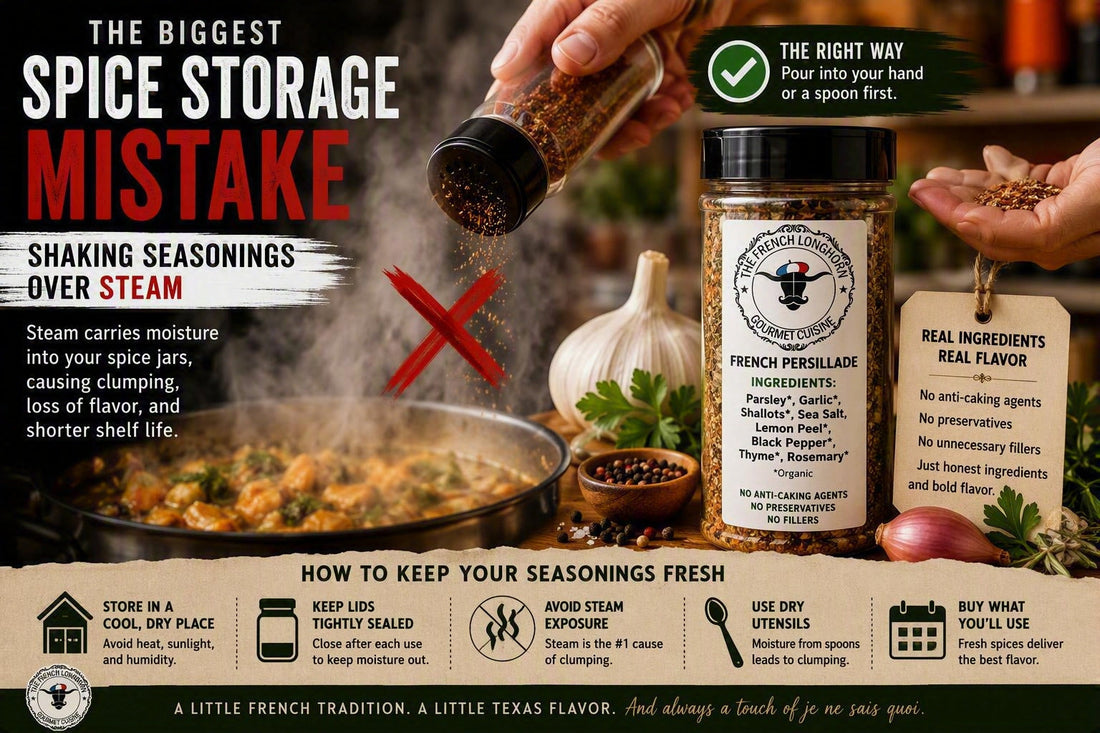 Seasoning being shaken over a steaming pan alongside proper seasoning techniques, illustrating how steam exposure can cause spice clumping, flavor loss, and reduced shelf life.