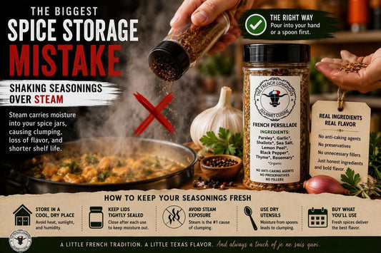 Seasoning being shaken over a steaming pan alongside proper seasoning techniques, illustrating how steam exposure can cause spice clumping, flavor loss, and reduced shelf life.