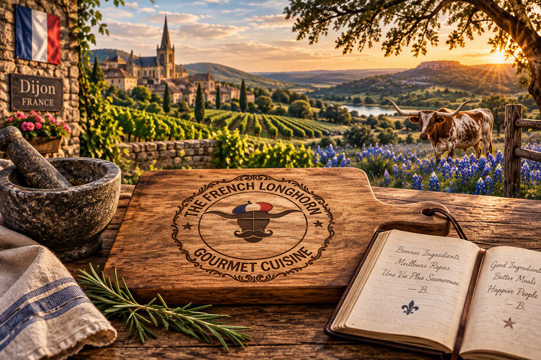 The French Longhorn ingredient selection process featuring premium herbs, spices, mortar and pestle, and a handcrafted cutting board overlooking French and Texas countryside landscapes.