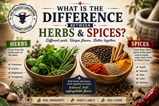 Herbs come from the leafy parts of plants, while spices come from seeds, roots, bark, fruits, and flower buds. Together, they create the balanced flavors found in great seasoning blends.