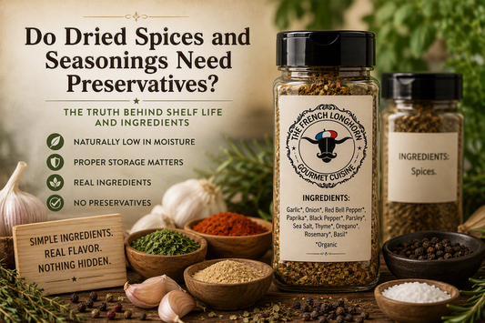 Jar of seasoning made with real herbs and spices alongside garlic, paprika, herbs, and peppercorns illustrating preservative-free seasoning blends