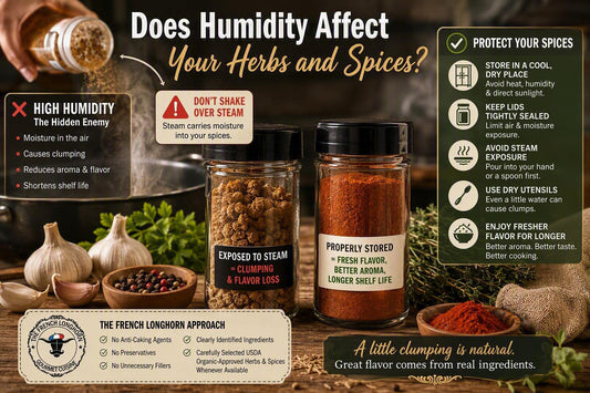 Comparison of spice jars affected by humidity and properly stored seasonings, showing how moisture can cause clumping, flavor loss, and reduced shelf life in herbs and spices.