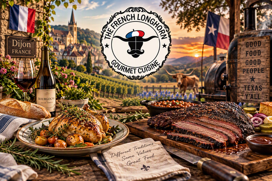 French and Texas culinary traditions united through roasted chicken, smoked brisket, vineyard scenery, Texas Hill Country, and The French Longhorn logo representing French-inspired seasoning and Texas barbecue culture.