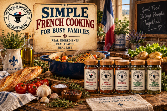French-inspired kitchen scene featuring roasted chicken, fresh vegetables, herbs, seasoning blends, and The French Longhorn branding, illustrating simple French cooking principles, quality ingredients, and family meals.