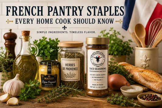 Traditional French pantry ingredients including Dijon mustard, olive oil, garlic, fresh herbs, crusty bread, Herbes de Provence, and a jar of The French Longhorn Taco Seasoning displayed on a rustic wooden kitchen counter.