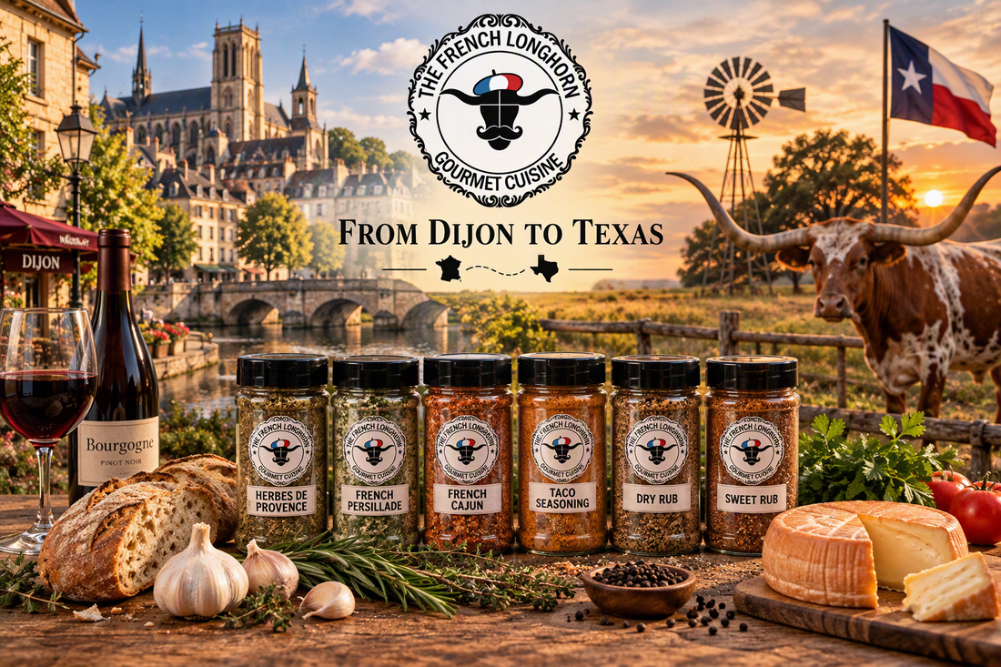 From Dijon to Texas, The French Longhorn brings together French culinary traditions, quality ingredients, and Texas cooking culture in every seasoning blend.