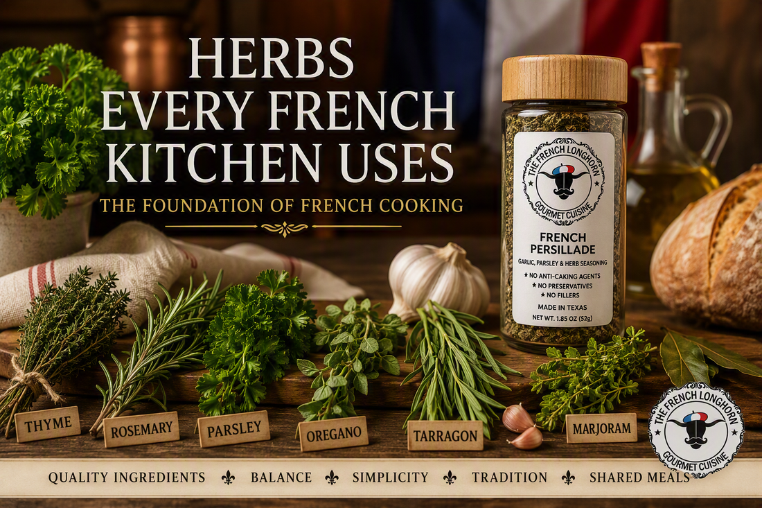 Fresh French culinary herbs including thyme, rosemary, parsley, oregano, tarragon, and marjoram displayed beside a jar of The French Longhorn French Persillade seasoning on a rustic kitchen table inspired by traditional French cooking.