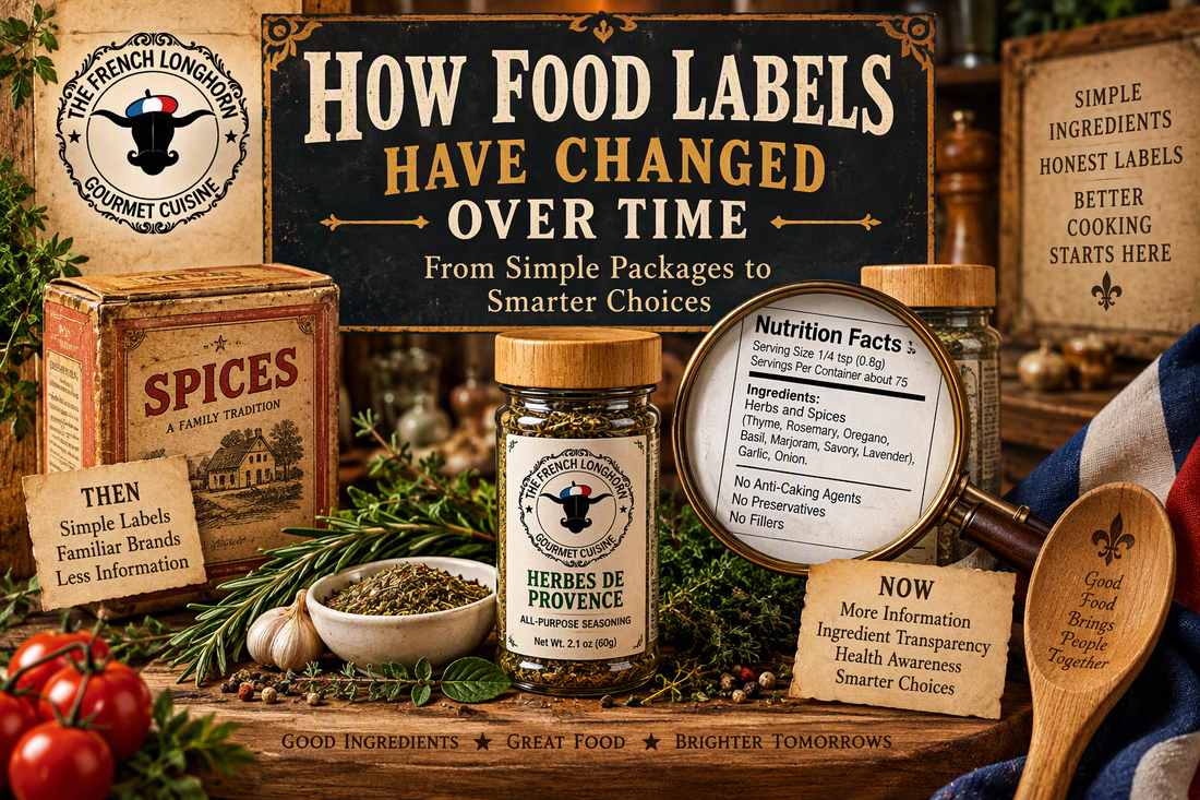 Educational infographic illustrating the evolution of food labels, ingredient transparency, nutrition facts, and clean-label seasonings featuring The French Longhorn branding and Herbes de Provence seasoning.