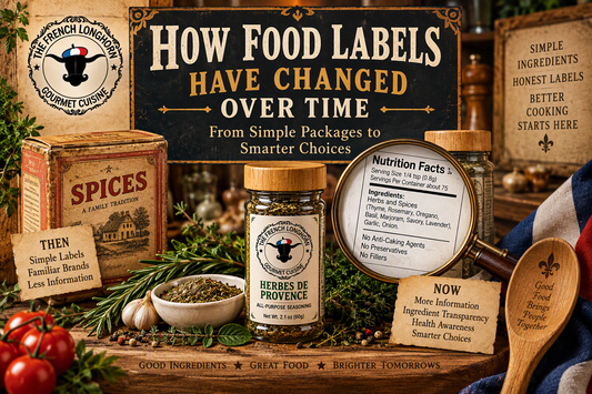 Educational infographic illustrating the evolution of food labels, ingredient transparency, nutrition facts, and clean-label seasonings featuring The French Longhorn branding and Herbes de Provence seasoning.