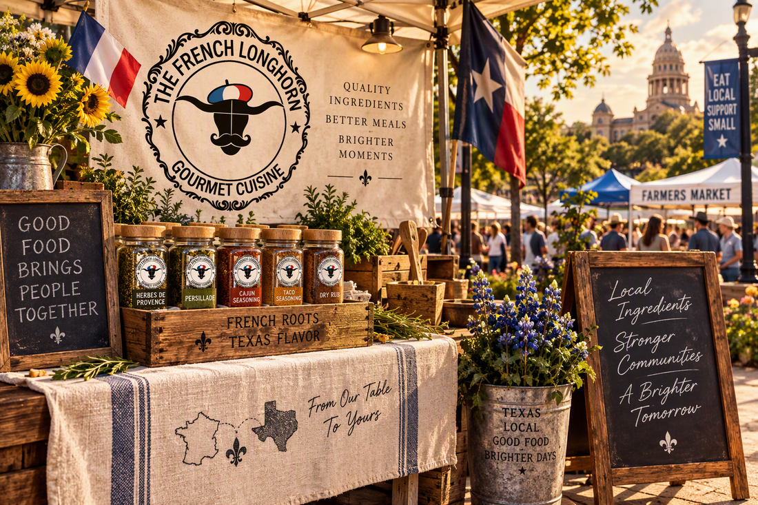 The French Longhorn farmers market booth featuring French-inspired seasoning blends, local community engagement, and French-Texas heritage at an outdoor market in Central Texas.