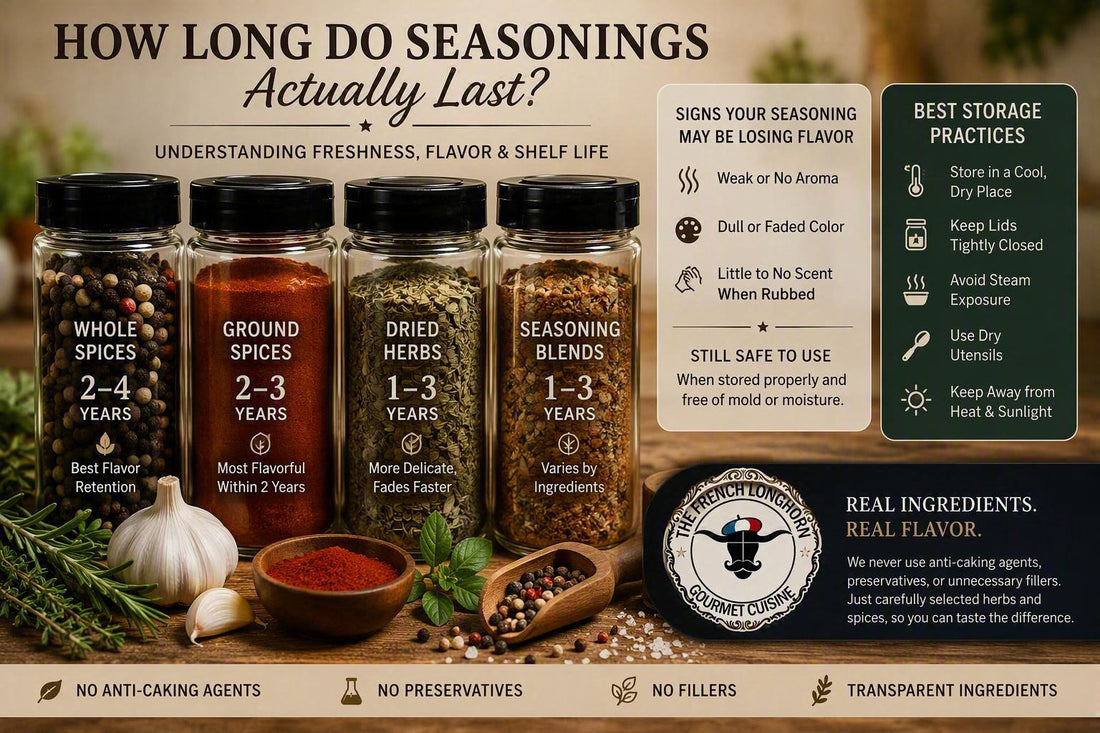 Comparison of whole spices, ground spices, dried herbs, and seasoning blends showing typical shelf life, freshness indicators, and proper storage practices.