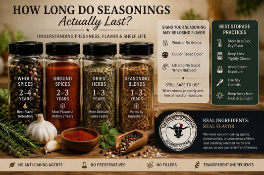 Comparison of whole spices, ground spices, dried herbs, and seasoning blends showing typical shelf life, freshness indicators, and proper storage practices.