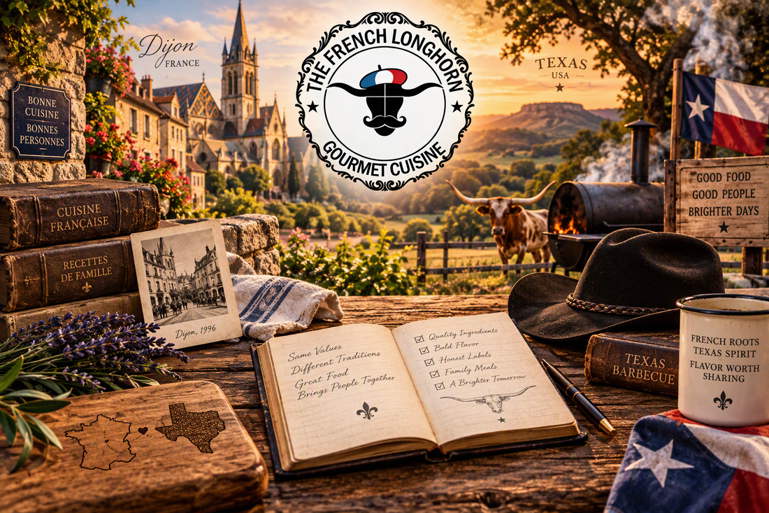 The French Longhorn founder story illustrated through a journey from Dijon, France to Texas, featuring French culinary heritage, Texas barbecue culture, family recipes, and the French Longhorn logo.