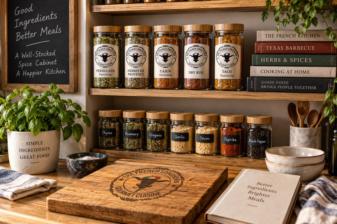 Well-organized spice cabinet featuring French Longhorn seasoning blends, labeled herbs and spices, and a premium cooking workspace designed for everyday home cooking.