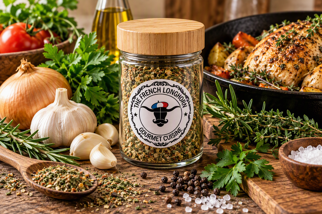 Glass seasoning jar with bamboo lid featuring The French Longhorn logo surrounded by garlic, thyme, rosemary, parsley, sea salt, peppercorns, and fresh herbs, illustrating how to build natural flavor using real ingredients, herbs, spices, and aromatics.