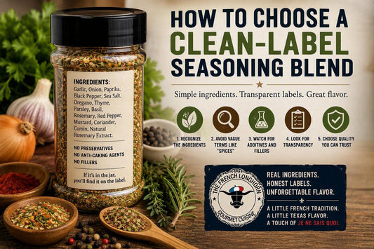 Clean-label seasoning blend with a transparent ingredient list showing herbs and spices, illustrating how to identify simple ingredients and avoid unnecessary additives.