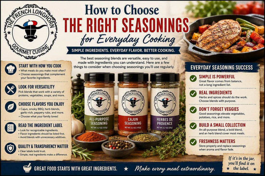 Guide to choosing everyday seasonings featuring all-purpose seasoning blends, herbs, spices, ingredient labels, flavor profiles, and practical cooking applications for meats and vegetables.