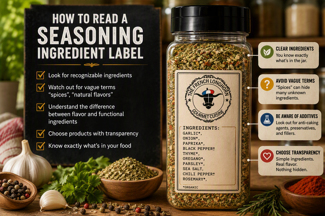 Seasoning jar with a detailed ingredient label surrounded by herbs and spices, illustrating how to read seasoning ingredients and identify additives, flavor ingredients, and transparent food labels.