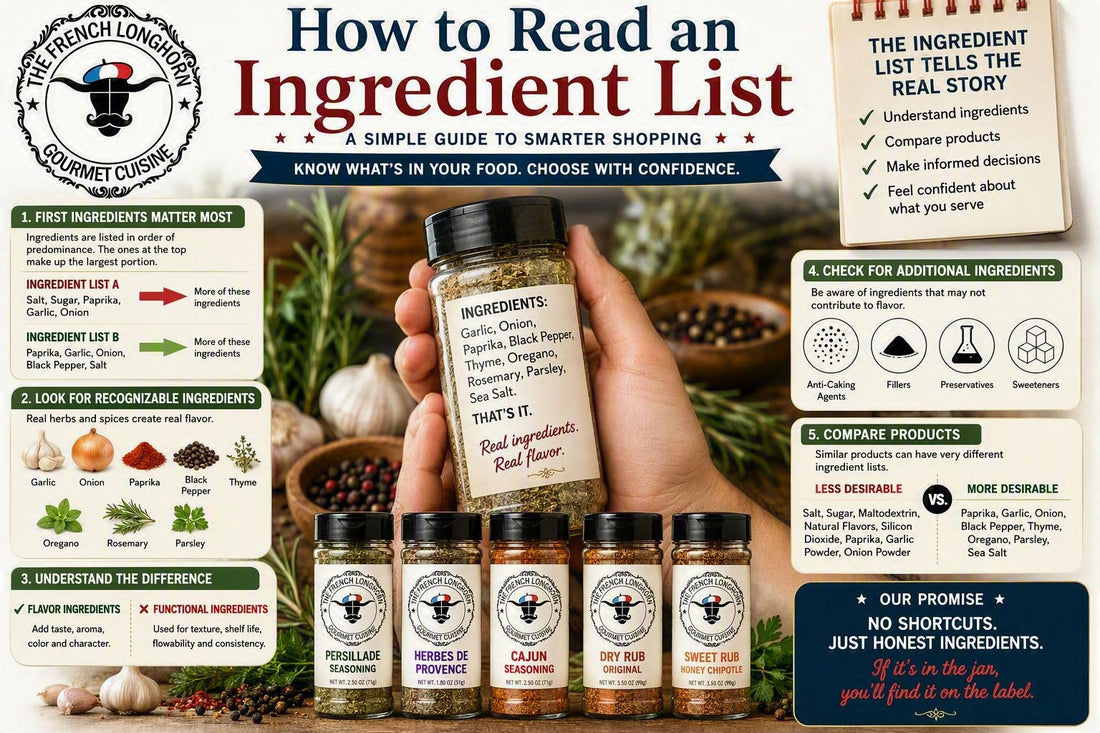 Guide to reading food ingredient labels showing seasoning ingredients, herbs, spices, label transparency, and the difference between flavor ingredients and functional ingredients.