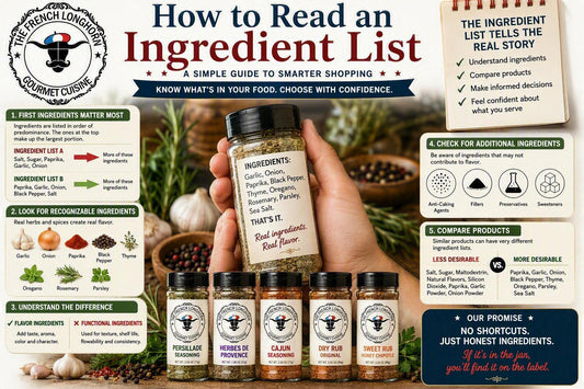 Guide to reading food ingredient labels showing seasoning ingredients, herbs, spices, label transparency, and the difference between flavor ingredients and functional ingredients.