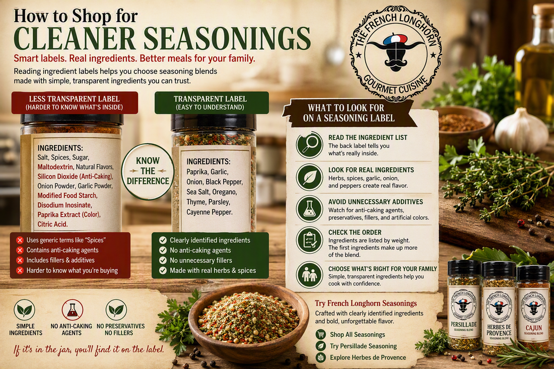 Educational infographic showing how to shop for cleaner seasonings by comparing ingredient labels, identifying herbs and spices, avoiding unnecessary fillers and additives, and choosing transparent seasoning blends.