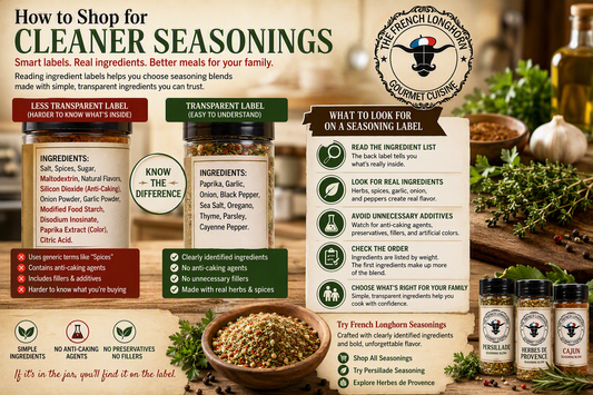 Educational infographic showing how to shop for cleaner seasonings by comparing ingredient labels, identifying herbs and spices, avoiding unnecessary fillers and additives, and choosing transparent seasoning blends.