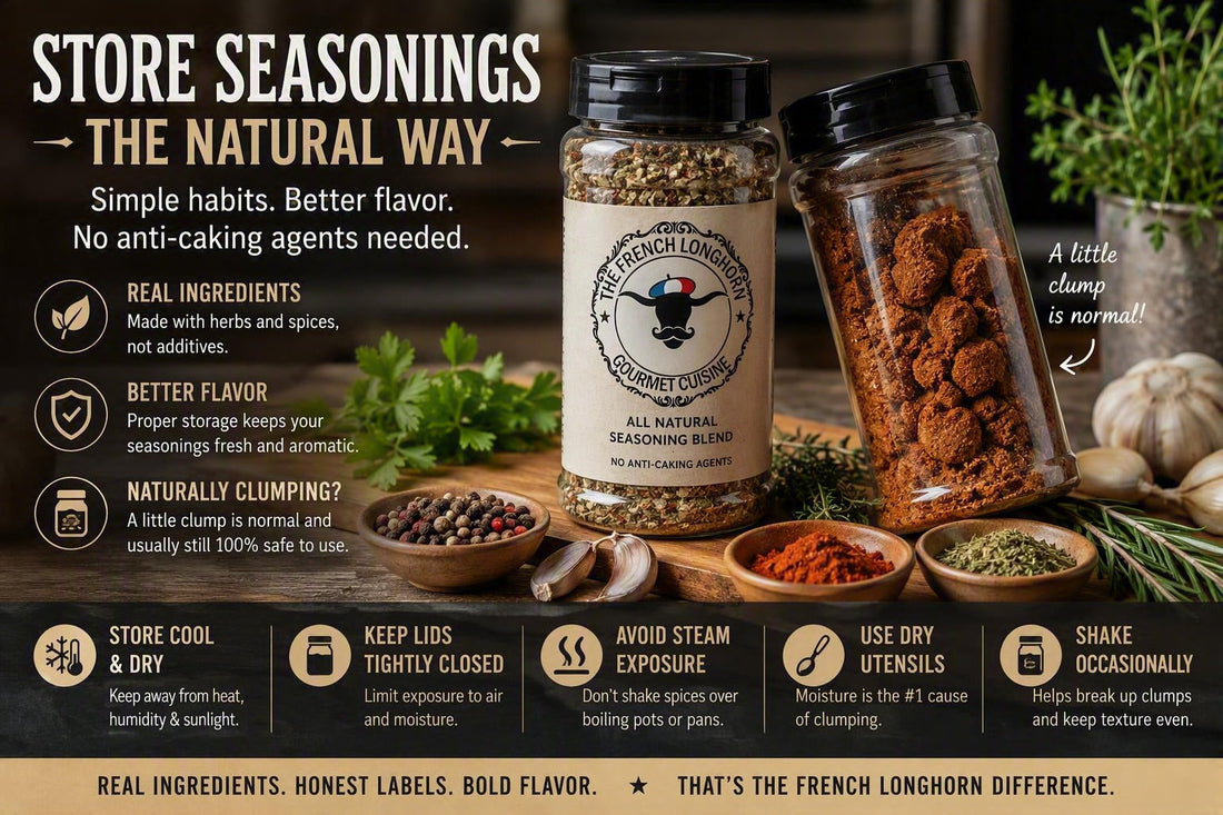Seasoning jars stored properly with herbs and spices, illustrating how to prevent clumping and maintain flavor without anti-caking agents