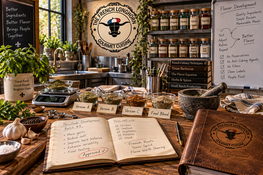 Artisan seasoning development kitchen featuring recipe notebooks, flavor-testing blends, herbs, spices, precision scale, and The French Longhorn recipe development process.