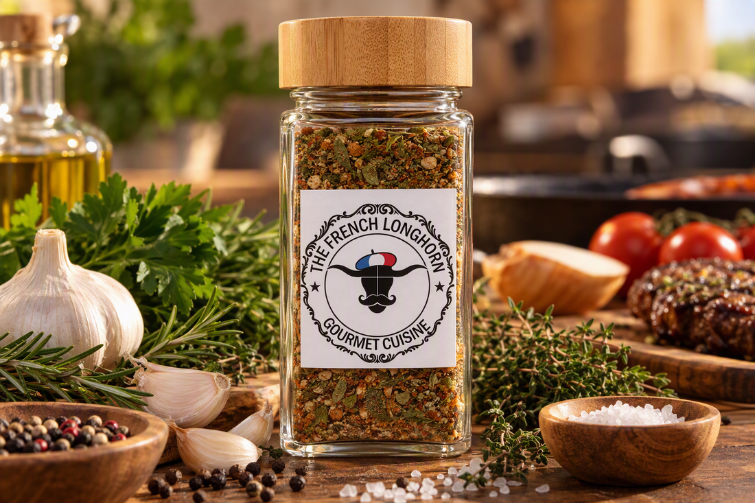 French Longhorn seasoning blend in a clear rectangular glass jar with a natural bamboo lid, surrounded by fresh garlic, rosemary, thyme, parsley, sea salt, peppercorns, and cooking ingredients on a rustic kitchen countertop.