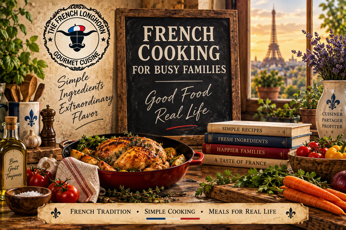 Rustic French kitchen scene featuring roasted chicken, fresh vegetables, herbs, and The French Longhorn branding, illustrating practical French cooking principles for busy families and everyday meals.