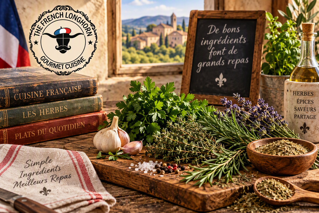 Rustic French-inspired kitchen featuring fresh herbs, garlic, seasoning blends, and The French Longhorn branding, illustrating the importance of herbs in traditional French cuisine and everyday home cooking.