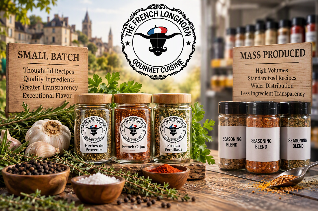 Small batch seasonings often emphasize ingredient quality, transparency, craftsmanship, and flavor-focused recipe development.