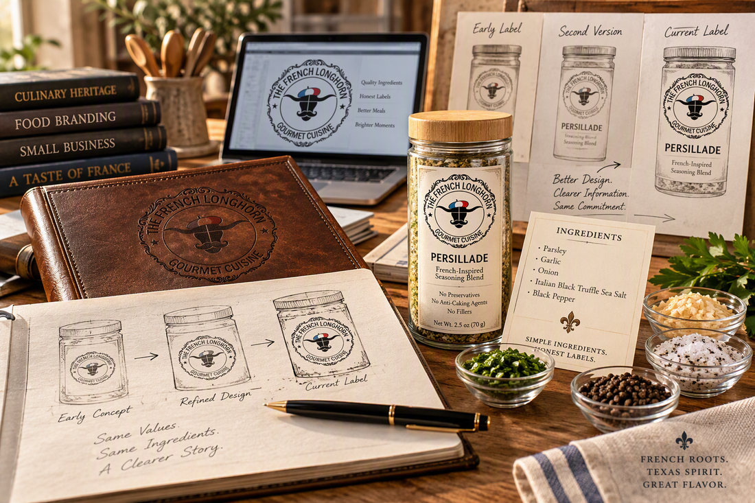 The French Longhorn label design process featuring Persillade seasoning, branding sketches, ingredient transparency, and the evolution of product labels from early concepts to the current design.