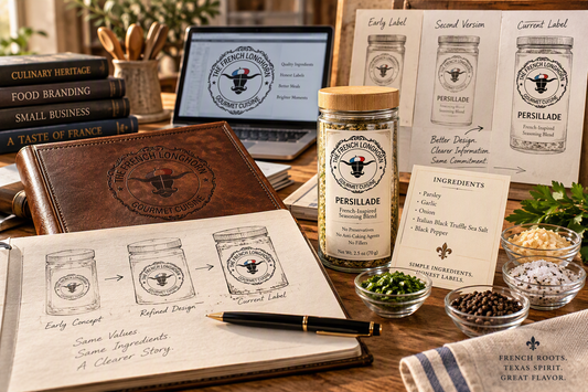 The French Longhorn label design process featuring Persillade seasoning, branding sketches, ingredient transparency, and the evolution of product labels from early concepts to the current design.