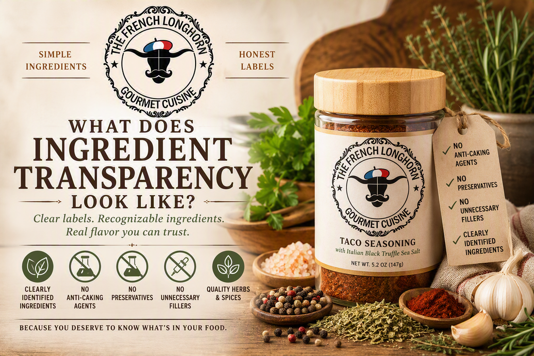 What Does Ingredient Transparency Look Like featuring The French Longhorn seasoning jar with bamboo lid, clearly identified ingredients, clean-label seasonings, herbs, spices, and transparent food labeling