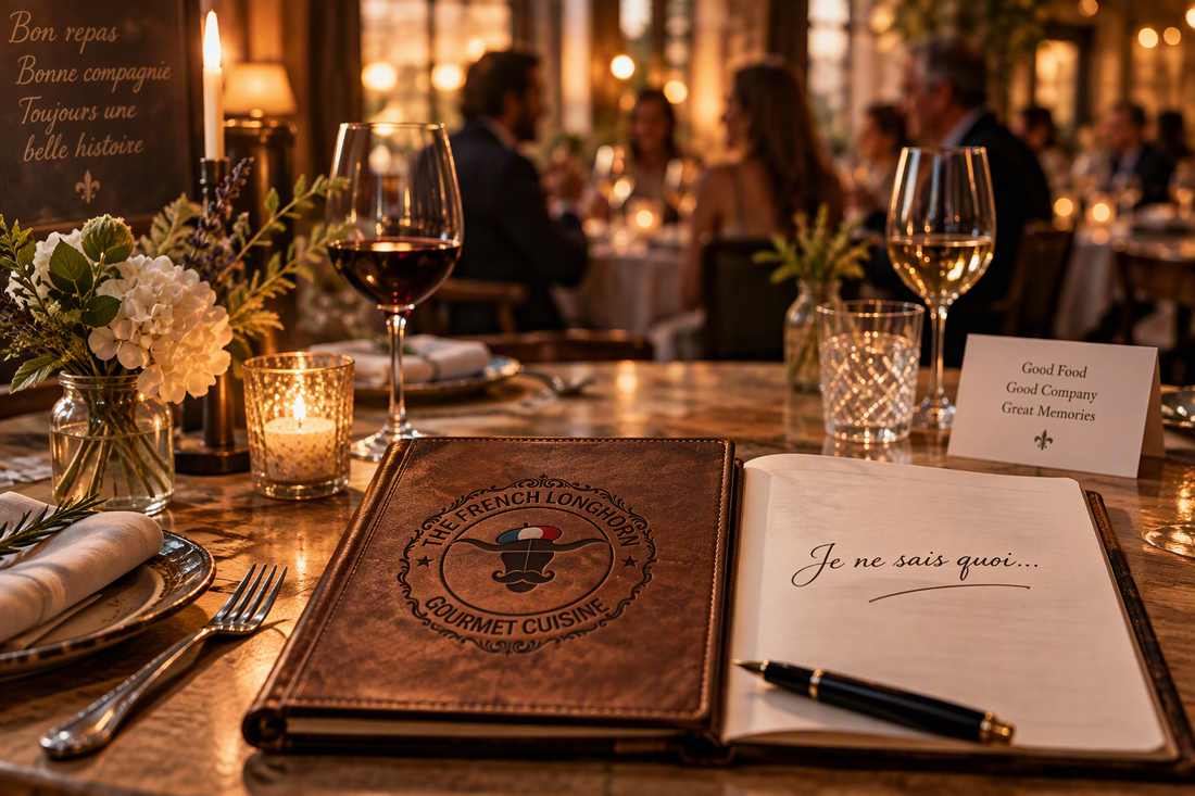 Elegant candlelit restaurant table with wine glasses, flowers, and a leather journal, illustrating the French concept of je ne sais quoi and the memorable moments created around a shared meal.