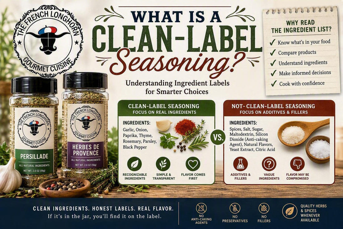 Clean-label seasoning infographic featuring ingredient transparency, real herbs and spices, recognizable ingredients, and a comparison between flavor-focused seasonings and products with unnecessary additives.